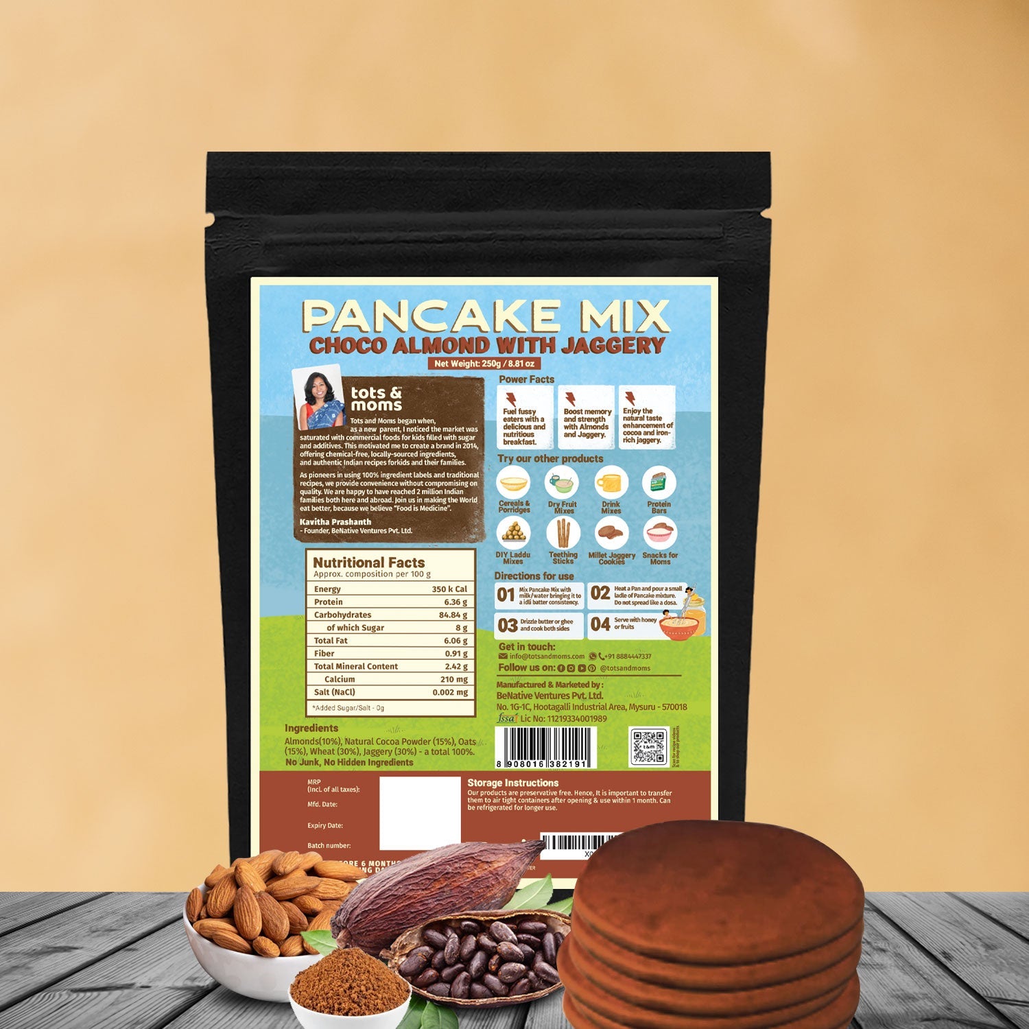 Tots & Moms NO Sugar NO Maida Pancake Mix - Choco Almond 250g - HS01