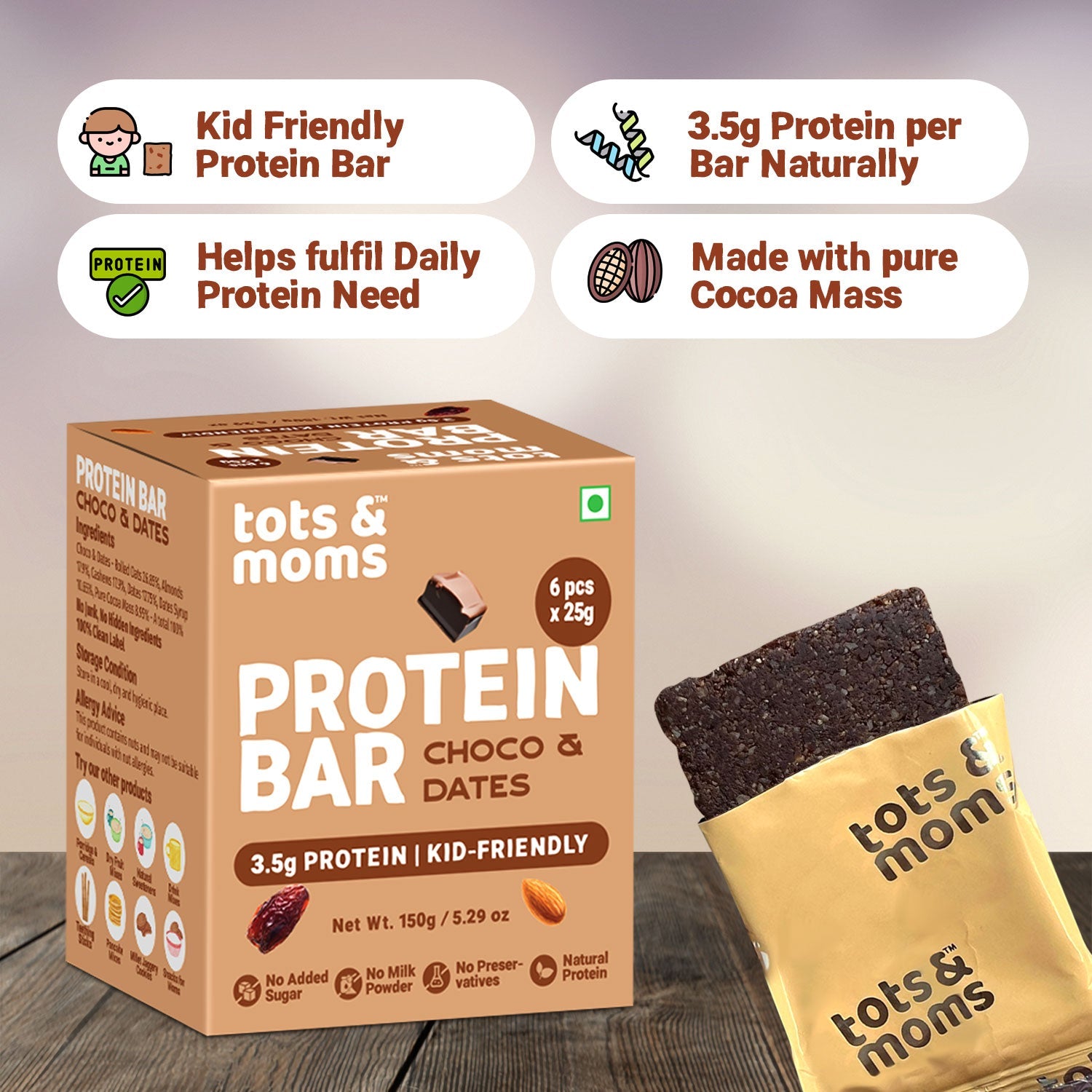 Tots & Moms Protein Bar - Choco & Dates Bar - 150g - HS10