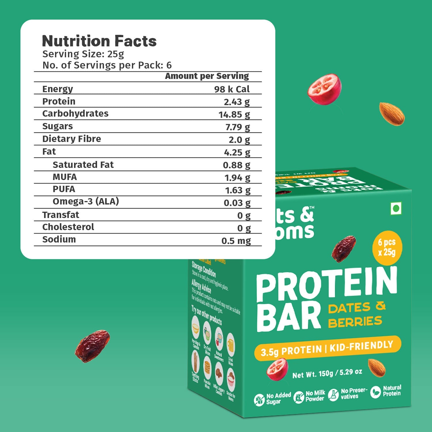 Tots & Moms Protein Bar - Dates & Nuts Bar | Choco & Dates Bar | Dates & Berries Bar | 150g each - HS91011