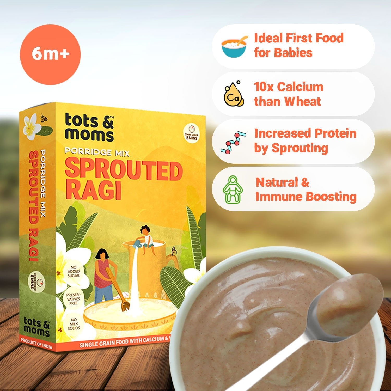 Tots & Moms Sprouted Ragi Powder 200g | Nachni/Finger Millet Cereal, Molake Ragi Sari - HP04