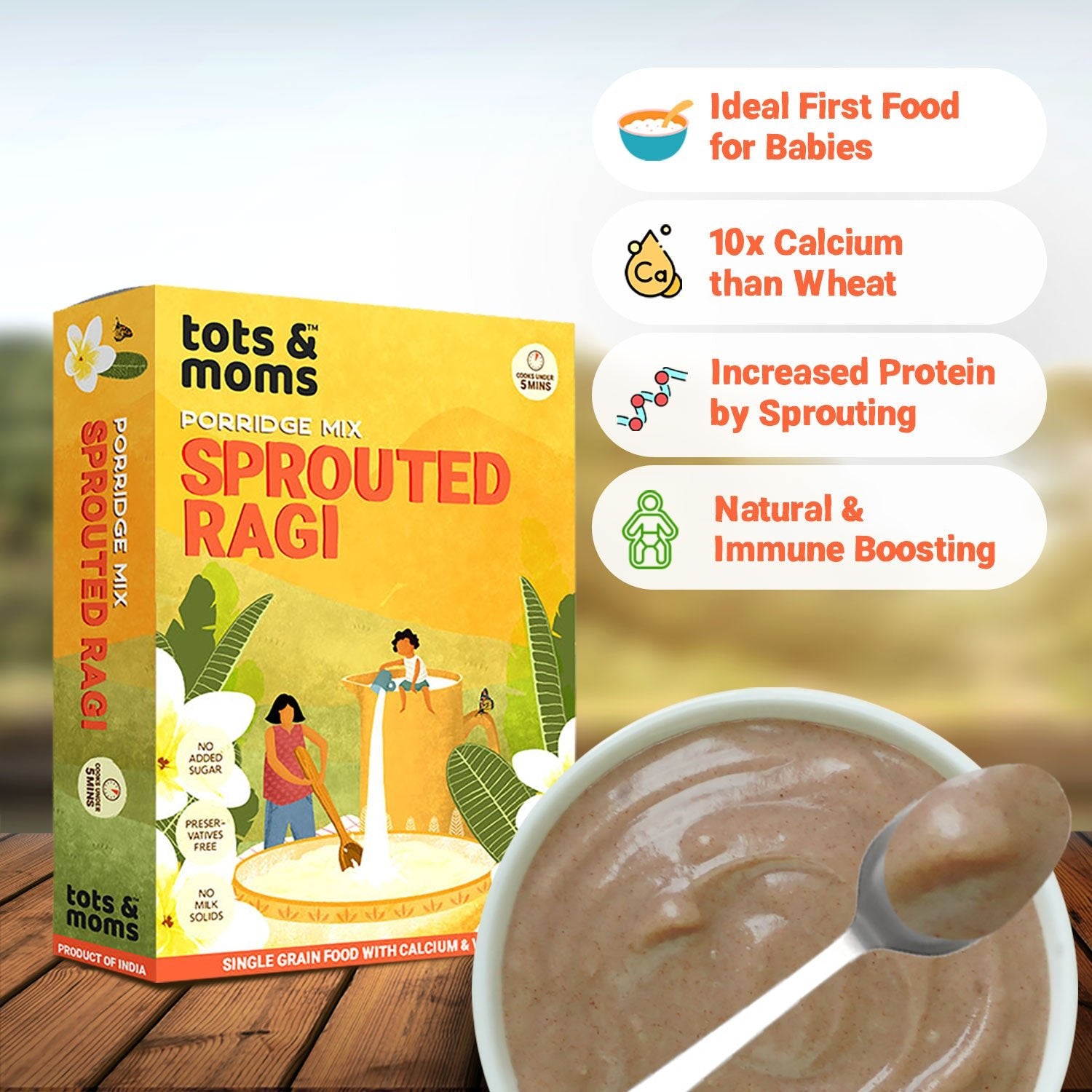 Tots & Moms Sprouted Ragi Powder 200g | Nachni/Finger Millet Cereal, Molake Ragi Sari - HP04