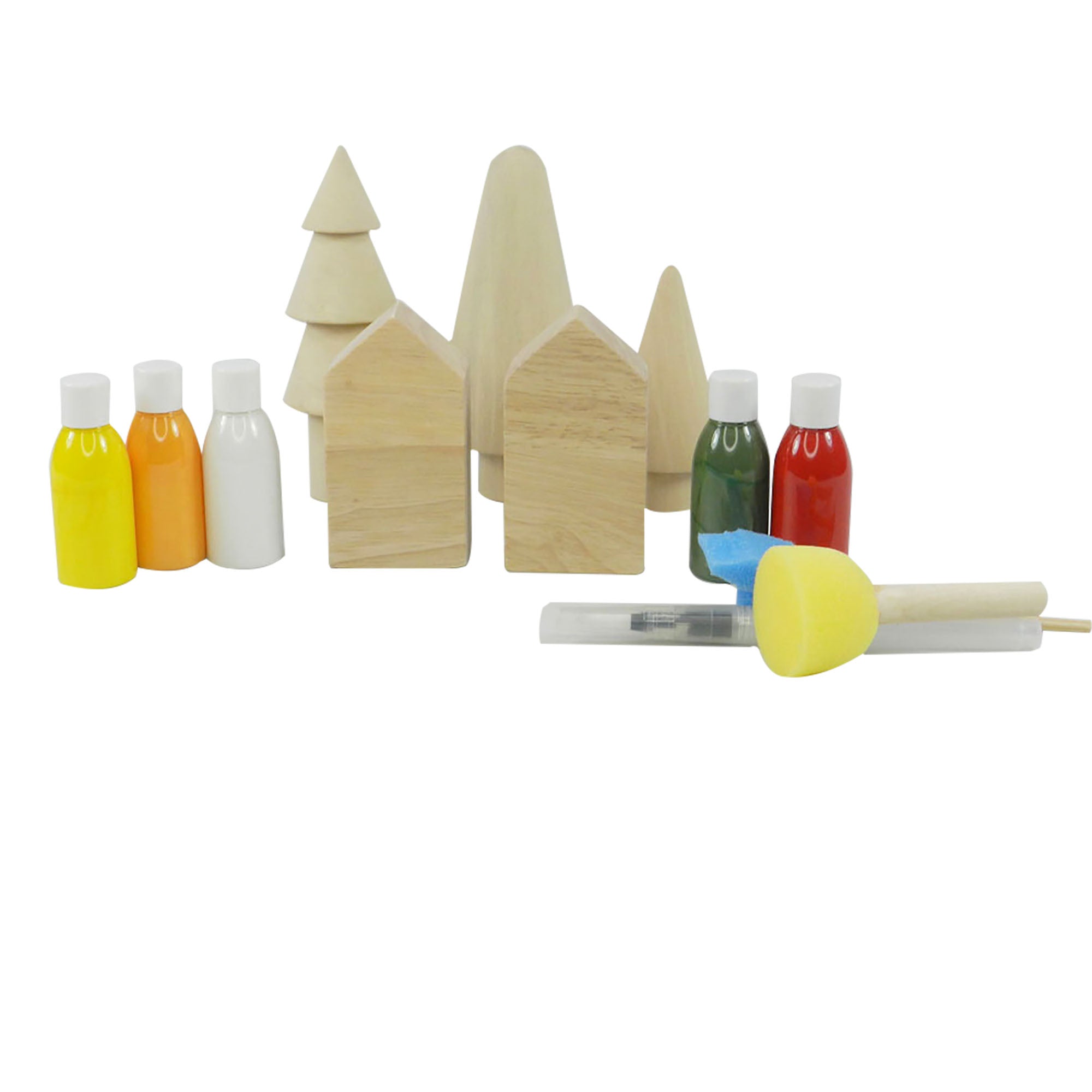 Playbox DIY Christmas Village - Painting & Decorating Activity Kit Including 2 Huts, 3 Trees, 5 Color Bottles, 1 Paint Brush & 3 Sponge Brushes (Set of 1)