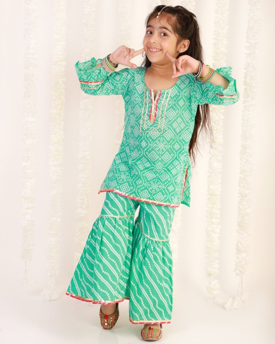 Turquoise Bandhani Girls Kurta Sharara Set - SS-TBKSS-0-6