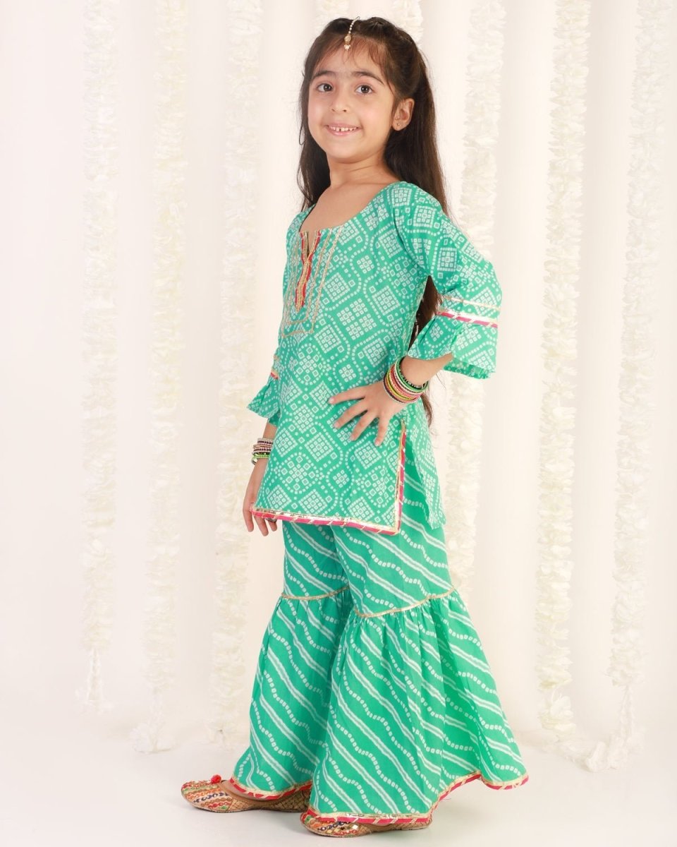 Turquoise Bandhani Girls Kurta Sharara Set - SS-TBKSS-0-6
