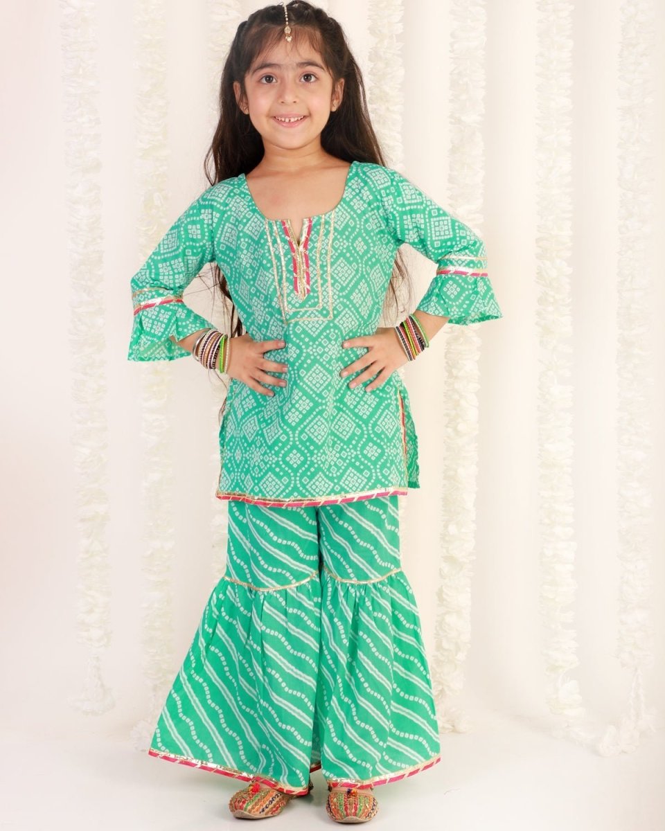 Turquoise Bandhani Girls Kurta Sharara Set - SS-TBKSS-0-6