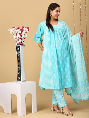 Turquoise Treasure Maternity and Nursing Kurta Set With Dupatta - MEW - SK - TRQT - S