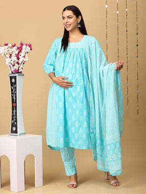 Turquoise Treasure Maternity and Nursing Kurta Set With Dupatta - MEW - SK - TRQT - S