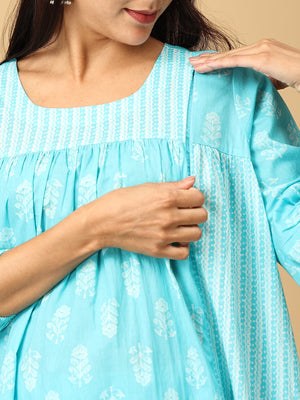 Turquoise Treasure Maternity and Nursing Kurta Set With Dupatta - MEW - SK - TRQT - S