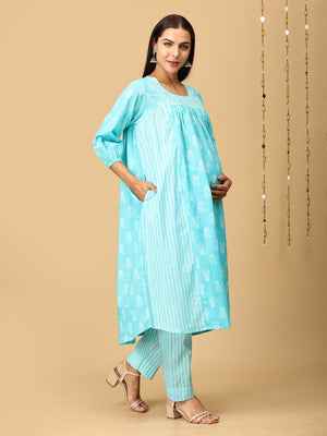 Turquoise Treasure Maternity and Nursing Kurta Set With Dupatta - MEW - SK - TRQT - S