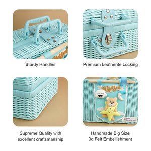 Twinkle Star Lullaby Teddy,Baby Blue Cane Basket for Storage and Travel - 