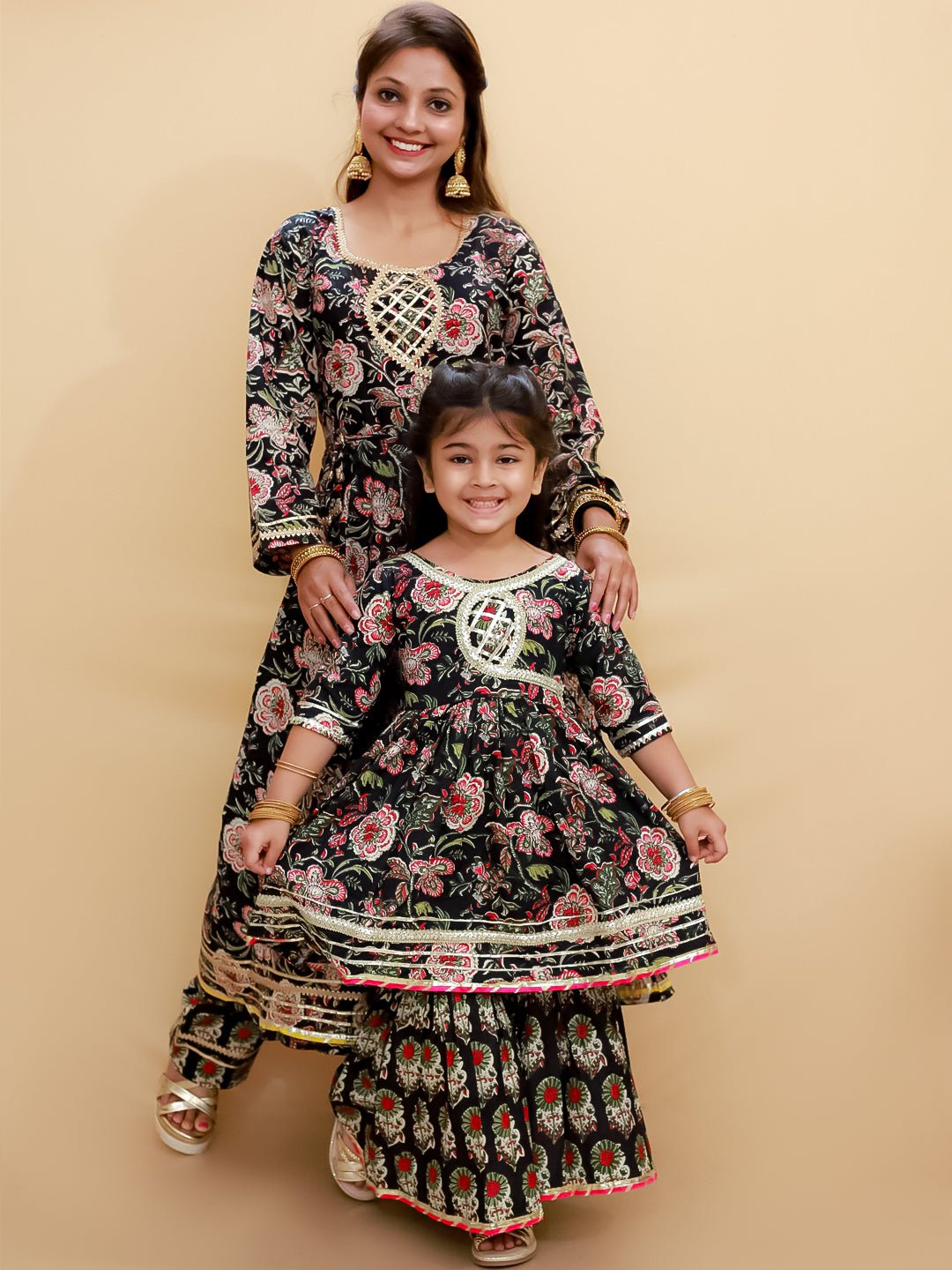 Twinning Combo - Black Block Print Anarkali Kurta Set with Black Block Print Girls Anarkali Sharara Set - TWN2 - BKBABAS