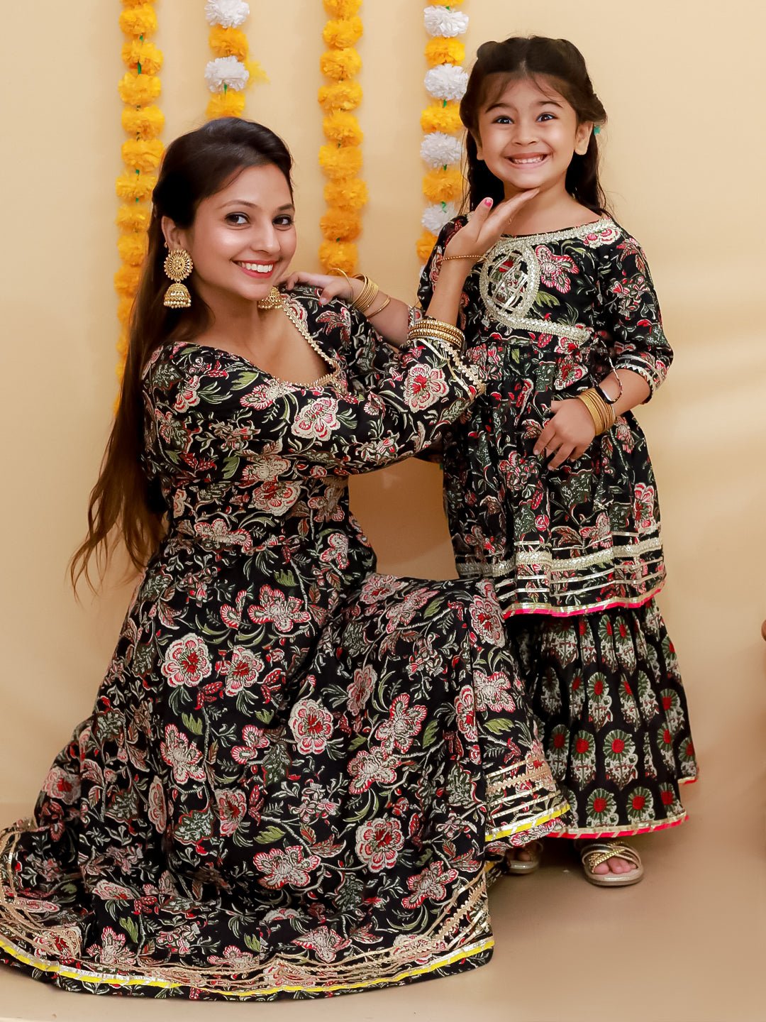 Twinning Combo - Black Block Print Anarkali Kurta Set with Black Block Print Girls Anarkali Sharara Set - TWN2 - BKBABAS