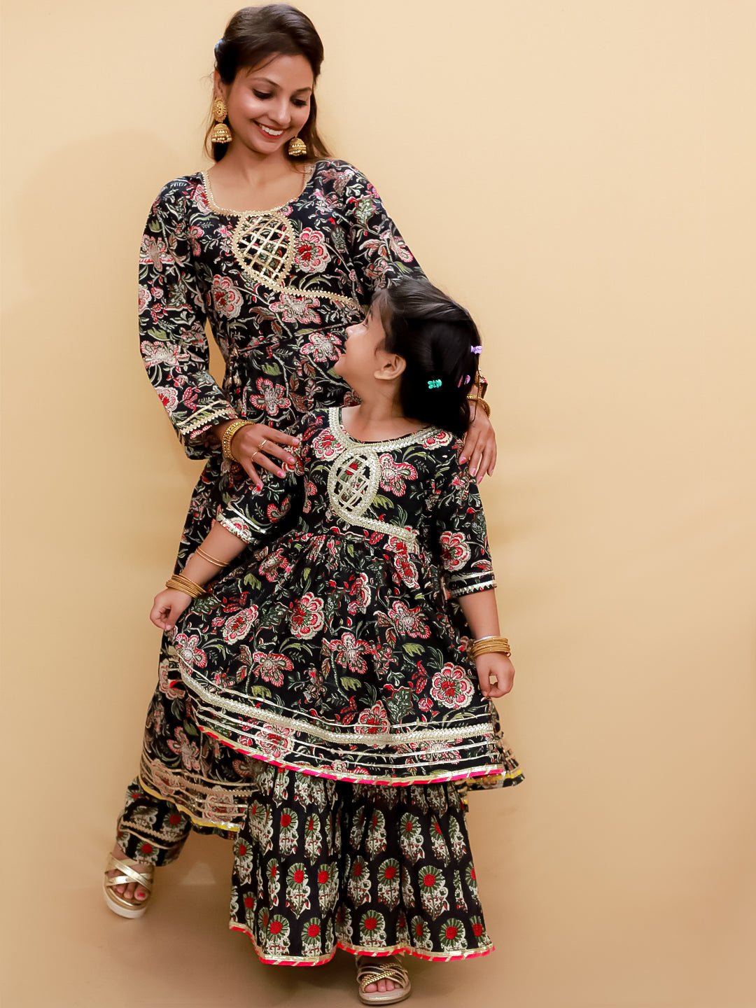 Twinning Combo - Black Block Print Anarkali Kurta Set with Black Block Print Girls Anarkali Sharara Set - TWN2 - BKBABAS