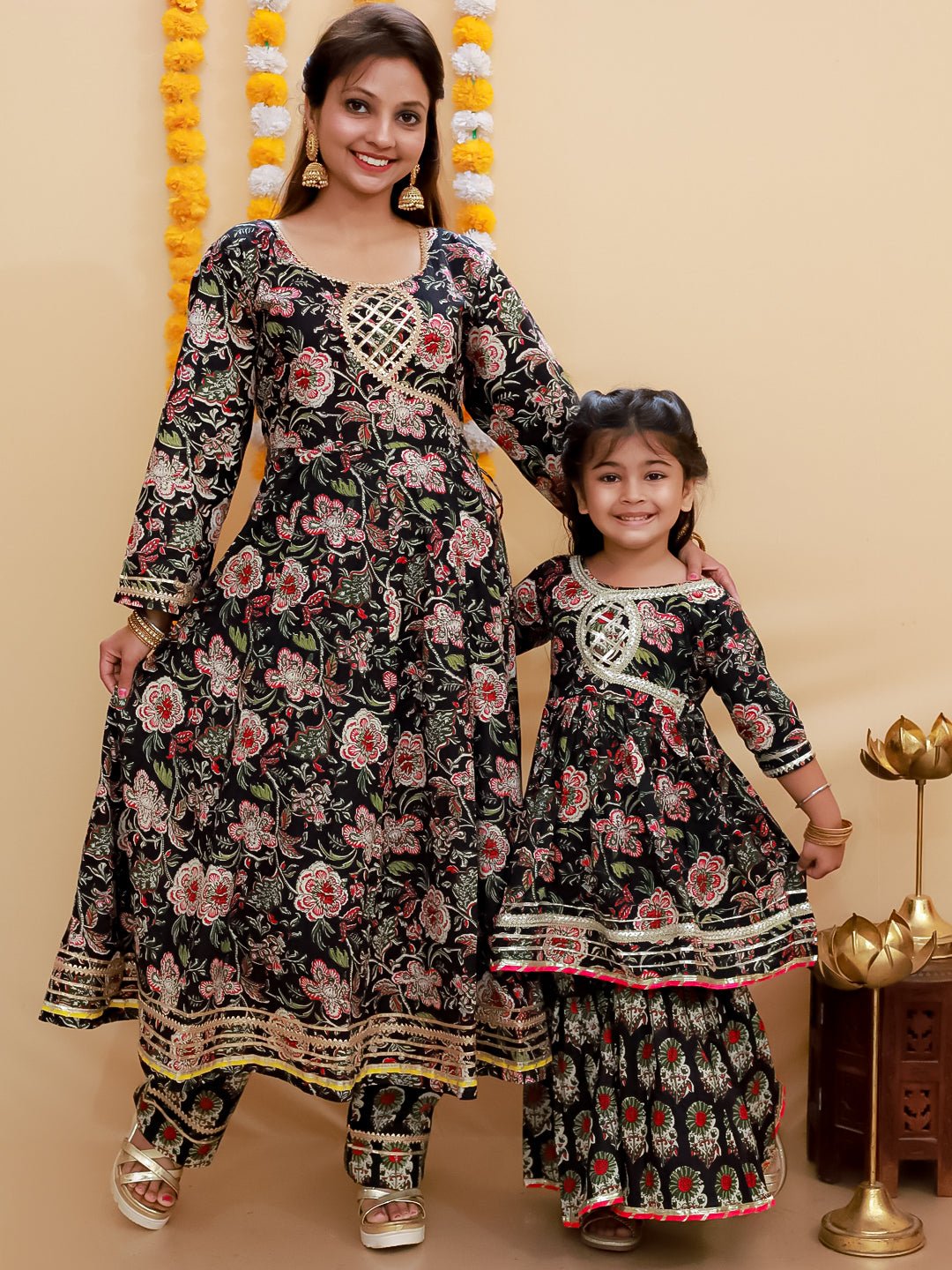 Twinning Combo - Black Block Print Anarkali Kurta Set with Black Block Print Girls Anarkali Sharara Set - TWN2 - BKBABAS