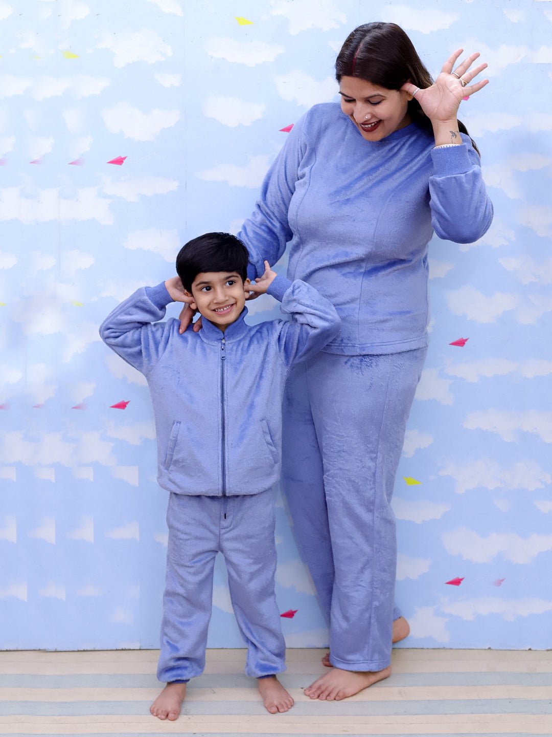 Twinning Combo: Blue Snuggles Womens and Kids Fleece Co - ord Sets - TWN2 - SD - BSWKFC