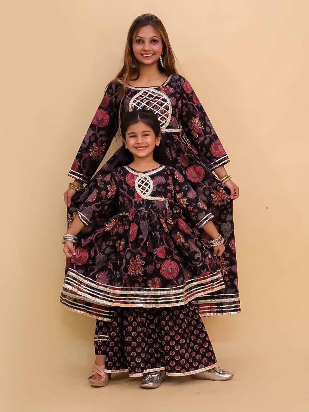 Twinning Combo - Kaali Katha Womens Kurta Set with Girls Anarkali Sharara Set - TWN2 - KAKWPGA