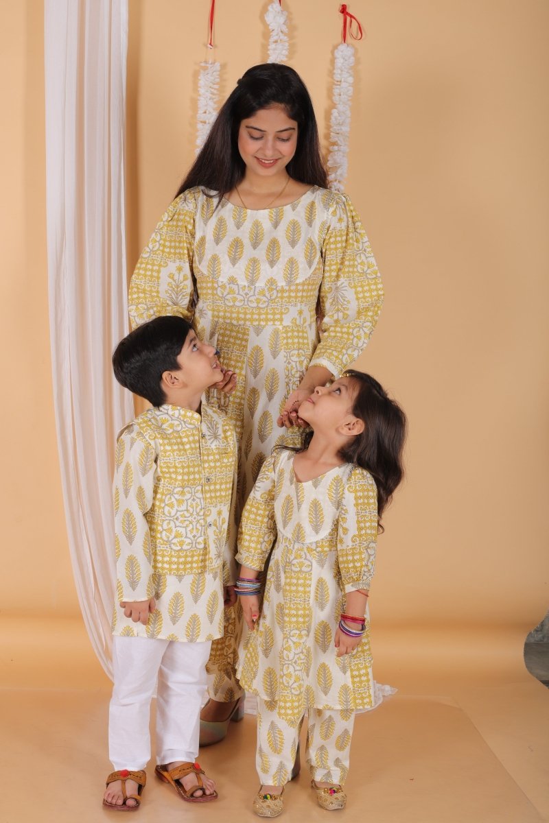 Twinning Combo-Madhupeela Floral Print Anarkali Kurta Set With Boys Jacket Kurta Pajama Set - TWN3-MDPWGB