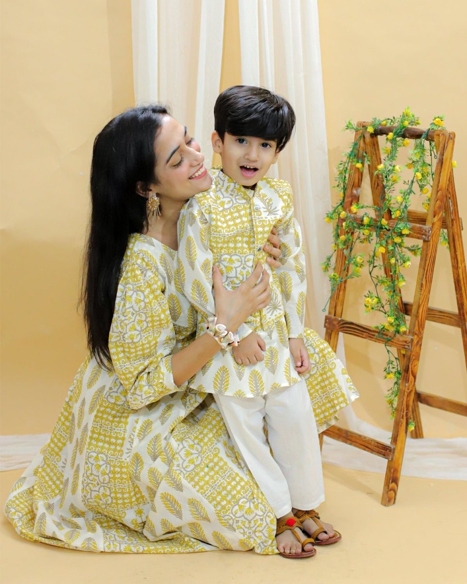 Twinning Combo-Madhupeela Floral Print Womens Anarkali Kurta Set With Boys Jacket Kurta Pajama Set - TWN2-MDPWB