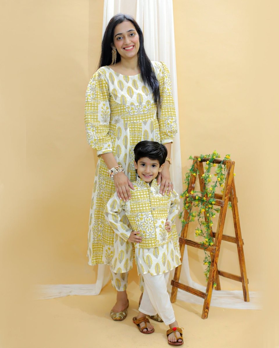 Twinning Combo-Madhupeela Floral Print Womens Anarkali Kurta Set With Boys Jacket Kurta Pajama Set - TWN2-MDPWB