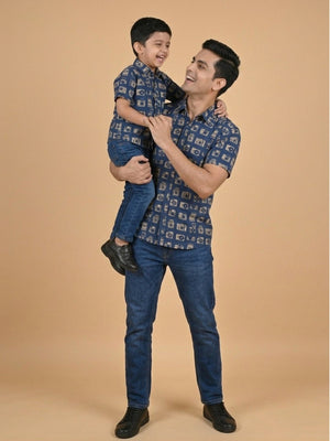 Twinning Combo - Navy Snap Squad Print Mens Shirt and Boy's Shirt - Twinning Combo