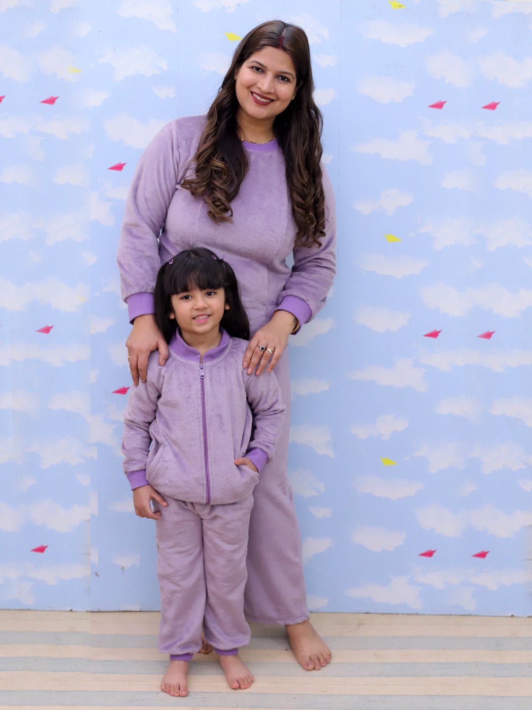 Twinning Combo: Purple Fluffies Womens and Kid Fleece Co - ord Sets - TWN2 - SD - PFWKFC