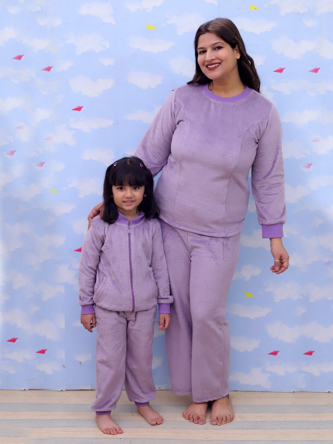 Twinning Combo: Purple Fluffies Womens and Kid Fleece Co - ord Sets - TWN2 - SD - PFWKFC