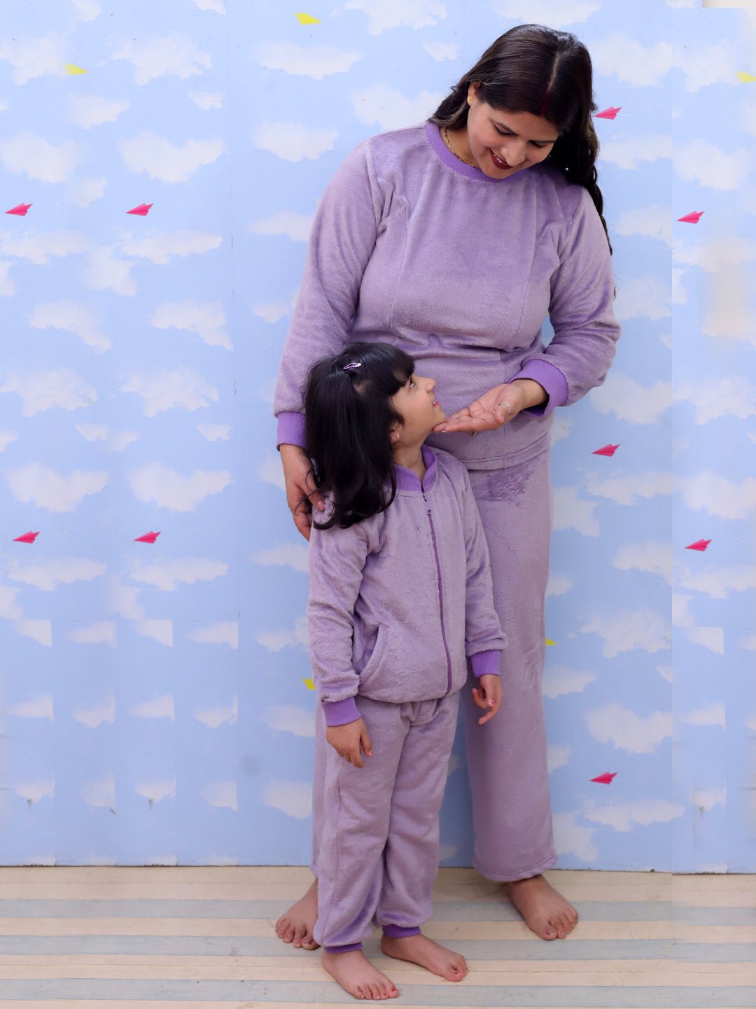 Twinning Combo: Purple Fluffies Womens and Kid Fleece Co - ord Sets - TWN2 - SD - PFWKFC