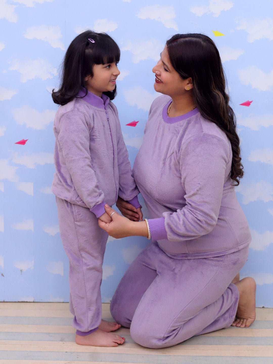 Twinning Combo: Purple Fluffies Womens and Kid Fleece Co - ord Sets - TWN2 - SD - PFWKFC