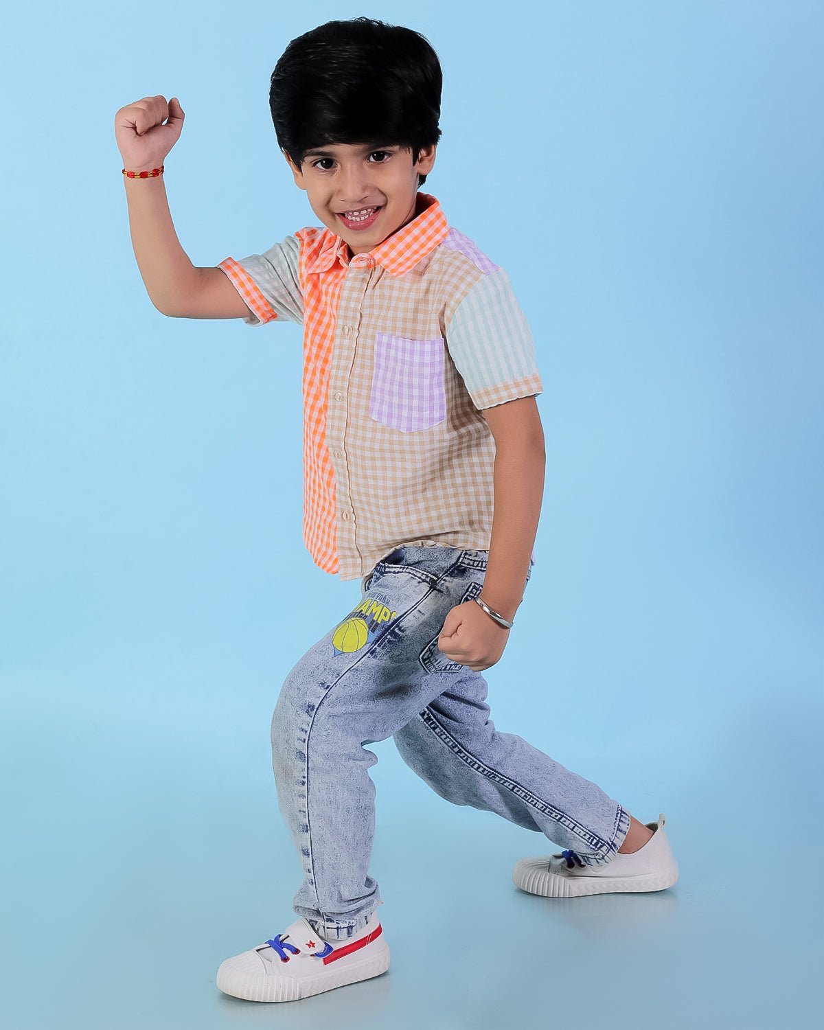 The Mom Store - Twinning Combo - Twinning Combo - Rainbow Charm Checkered Boys Casual Shirt with Girls Casual Dress - TWN2 - RBCBSG