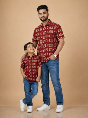 Twinning Combo - Rust Snap Squad Print Men's Shirt and Boy's Shirt -