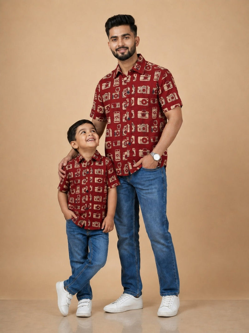 Twinning Combo - Rust Snap Squad Print Men's Shirt and Boy's Shirt