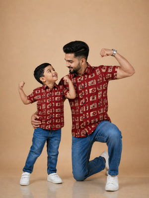 Twinning Combo - Rust Snap Squad Print Men's Shirt and Boy's Shirt -