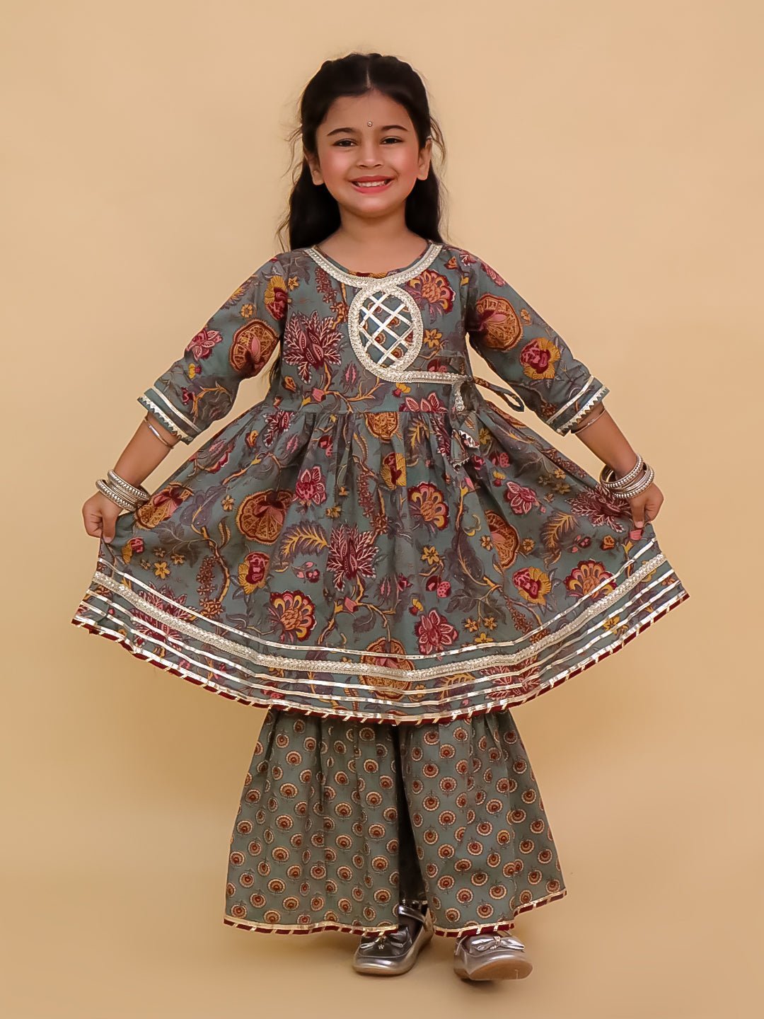The Mom Store - Twinning Combo - Twinning Combo - Tealrang Womens Kurta Set with Girls Anarkali Sharara Set - TWN2 - TLRWKGA