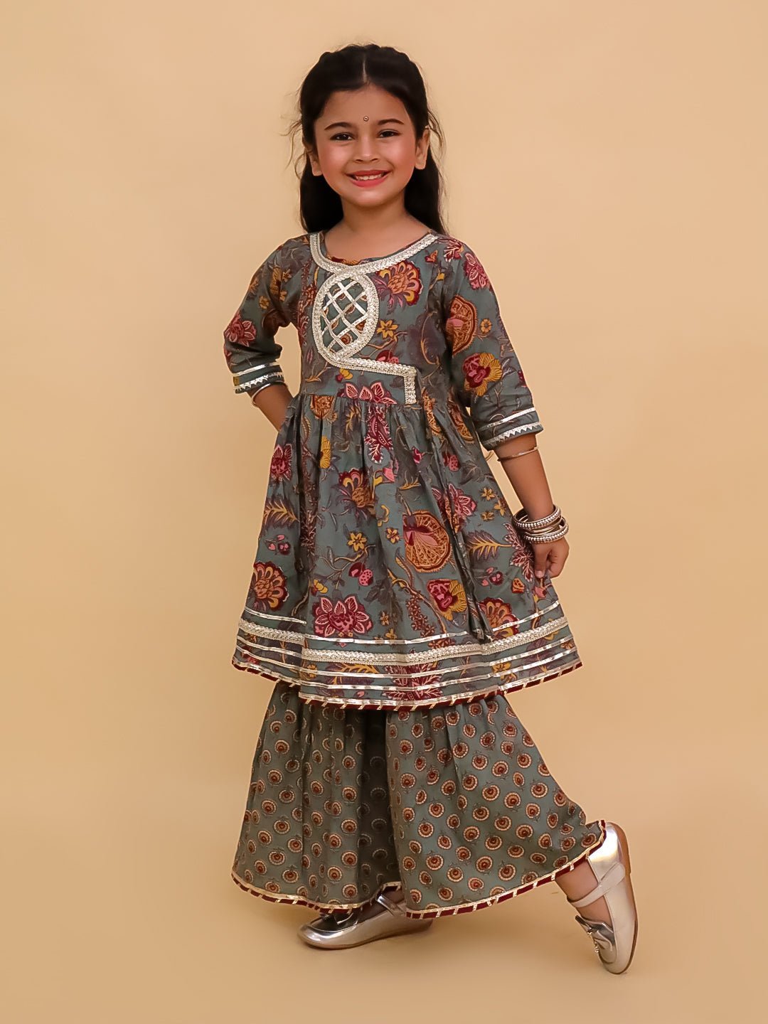 The Mom Store - Twinning Combo - Twinning Combo - Tealrang Womens Kurta Set with Girls Anarkali Sharara Set - TWN2 - TLRWKGA
