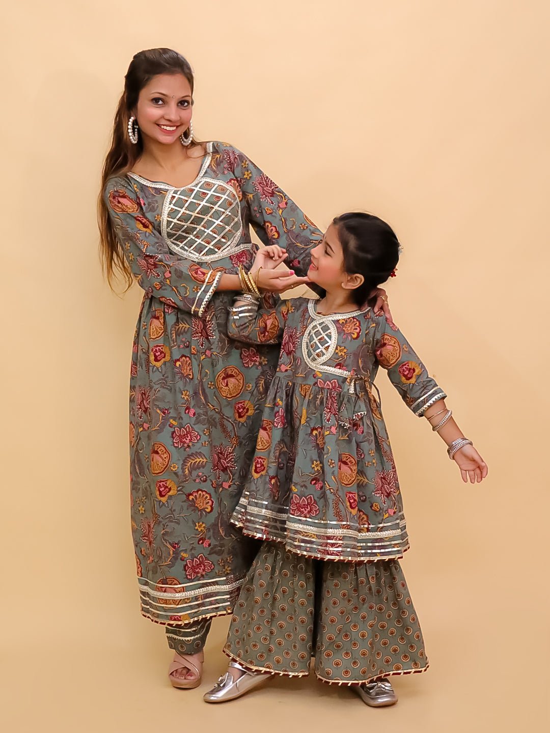 Twinning Combo - Tealrang Womens Kurta Set with Girls Anarkali Sharara Set - TWN2 - TLRWKGA