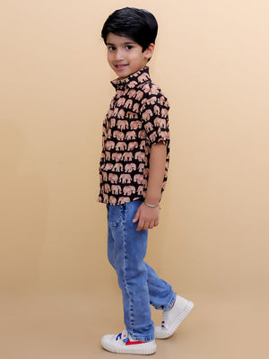 Twinning Set-Black Elephant Print Mens Shirt with Black Elephant Print Boys Shirt - Twinning Combo
