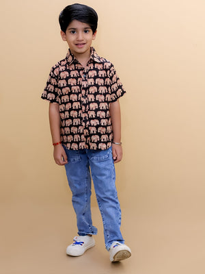 Twinning Set-Black Elephant Print Mens Shirt with Black Elephant Print Boys Shirt - Twinning Combo