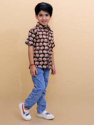 Twinning Set-Black Elephant Print Mens Shirt with Black Elephant Print Boys Shirt - Twinning Combo