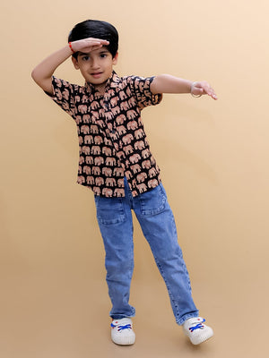 Twinning Set-Black Elephant Print Mens Shirt with Black Elephant Print Boys Shirt - Twinning Combo