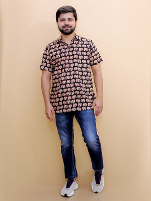 Twinning Set-Black Elephant Print Mens Shirt with Black Elephant Print Boys Shirt - Twinning Combo