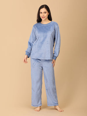 Twinning Set: Blue Snuggles Womens and Kids Fleece Night Suits - Twinning Combo