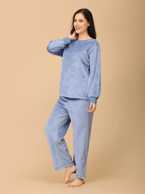 Twinning Set: Blue Snuggles Womens and Kids Fleece Night Suits - Twinning Combo