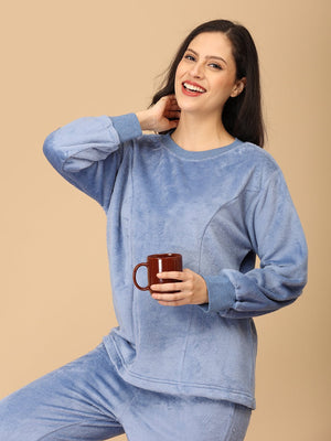 Twinning Set: Blue Snuggles Womens and Kids Fleece Night Suits - Twinning Combo
