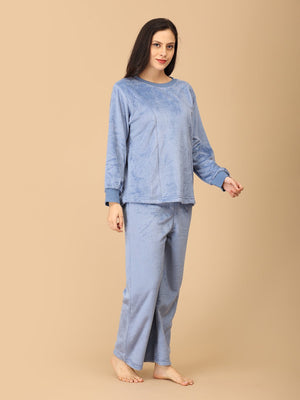 Twinning Set: Blue Snuggles Womens and Kids Fleece Night Suits - Twinning Combo