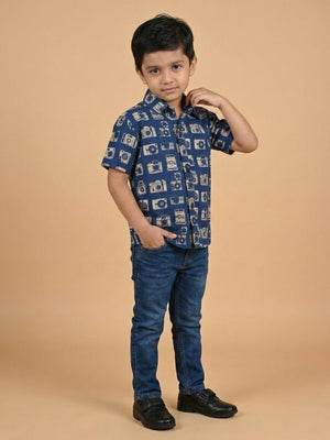 Twinning Set - Navy Snap Squad Print Mens Shirt and Boy's - Twinning Combo