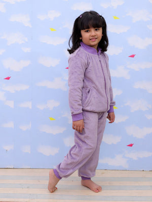 Twinning Set: Purple Fluffies Womens and Kid Fleece Night Suits - Twinning Combo