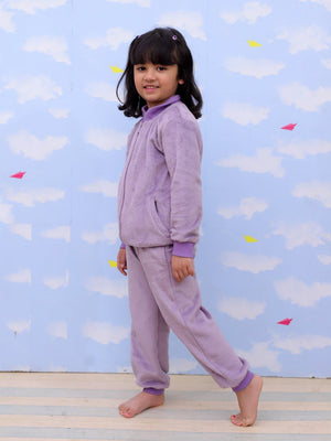 Twinning Set: Purple Fluffies Womens and Kid Fleece Night Suits - Twinning Combo