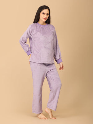 Twinning Set: Purple Fluffies Womens and Kid Fleece Night Suits - Twinning Combo