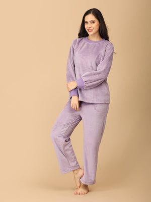 Twinning Set: Purple Fluffies Womens and Kid Fleece Night Suits - Twinning Combo