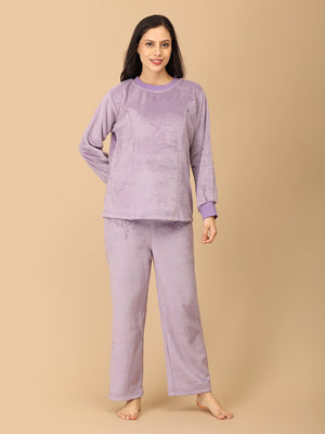 Twinning Set: Purple Fluffies Womens and Kid Fleece Night Suits - Twinning Combo